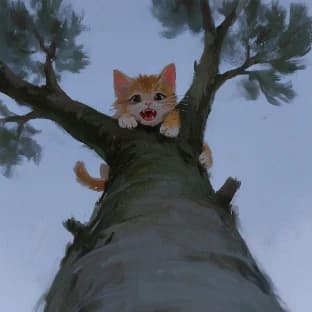 a ginger kitten clinging to a tree trunk, seen from below