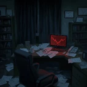 a dim home office at night, a monitor showing a falling red chart above a desk buried in paper