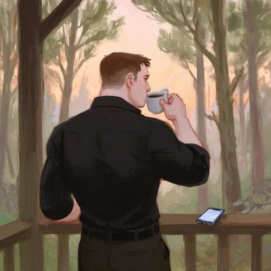 a man on a wooden porch seen from behind, drinking coffee and looking out at the trees, his phone on the rail