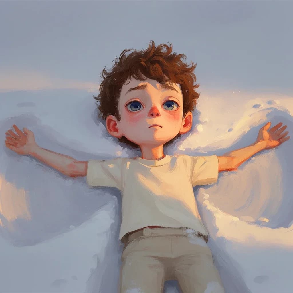 Concept art: a small boy in a cream t-shirt lies on his back in the snow, arms flung wide mid snow-angel, looking straight up at the viewer