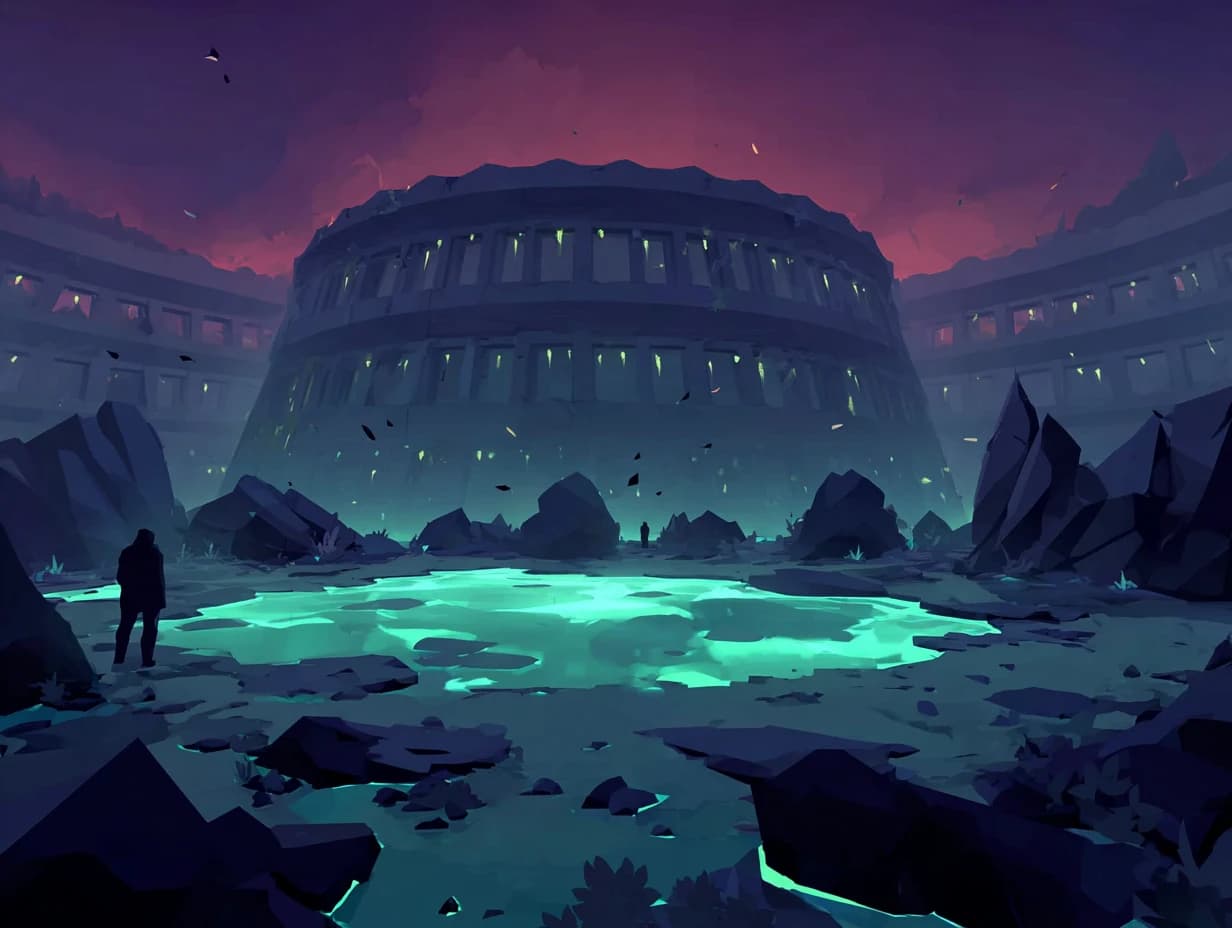 Concept art: a lone figure at the edge of a glowing turquoise pool, dwarfed by a vast ruined amphitheatre under a magenta night sky