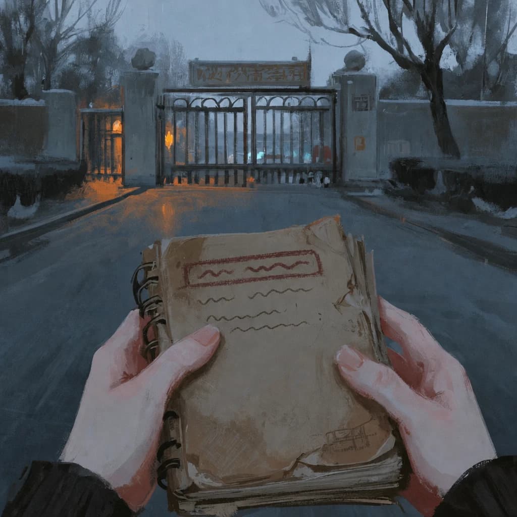 first-person view: hands holding a battered ring binder in front of a closed institutional gate on a winter evening