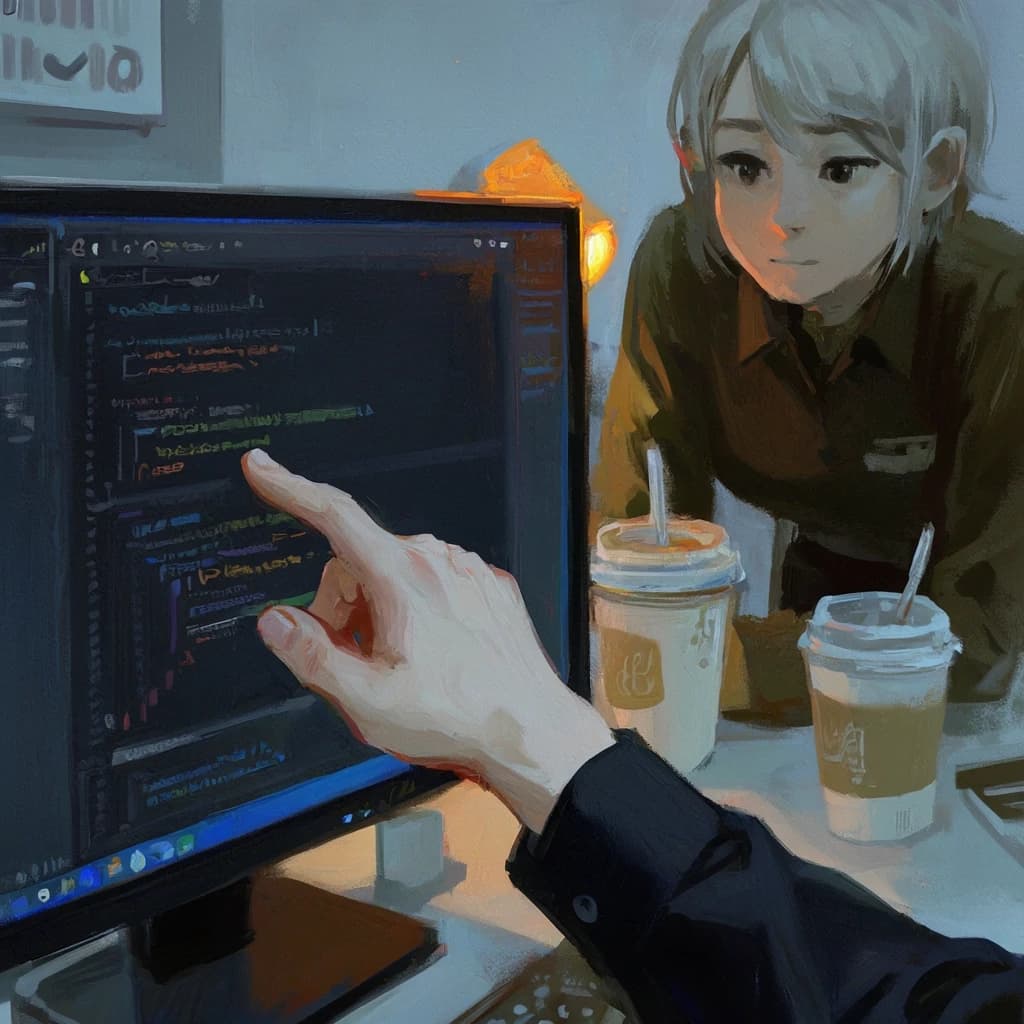first-person view: a hand pointing at code on a monitor while a colleague leans in, takeaway coffee cups on the desk